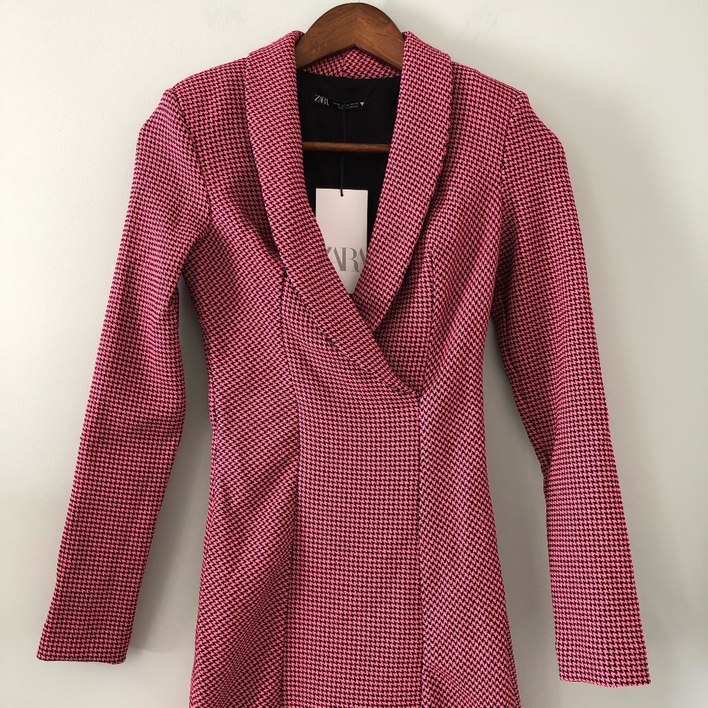 Zara Barbiecore Barbie Pink & Black Houndstooth Blazer Dress Size XS